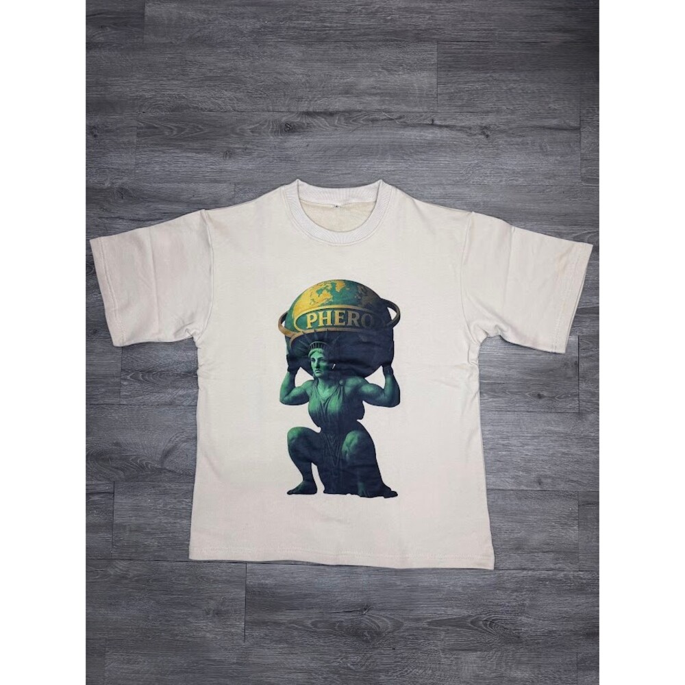 PHERO Atlas French Terry Boxy Drop Shoulder Graphic Tee Large Beige